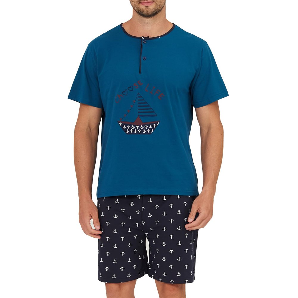 Keyocean Mens Henley Pajama Set, Soft Cotton Short-Sleeve Shirt and Shorts Summer PJ Set for Sleeping, Tahitian Tide, X-Large