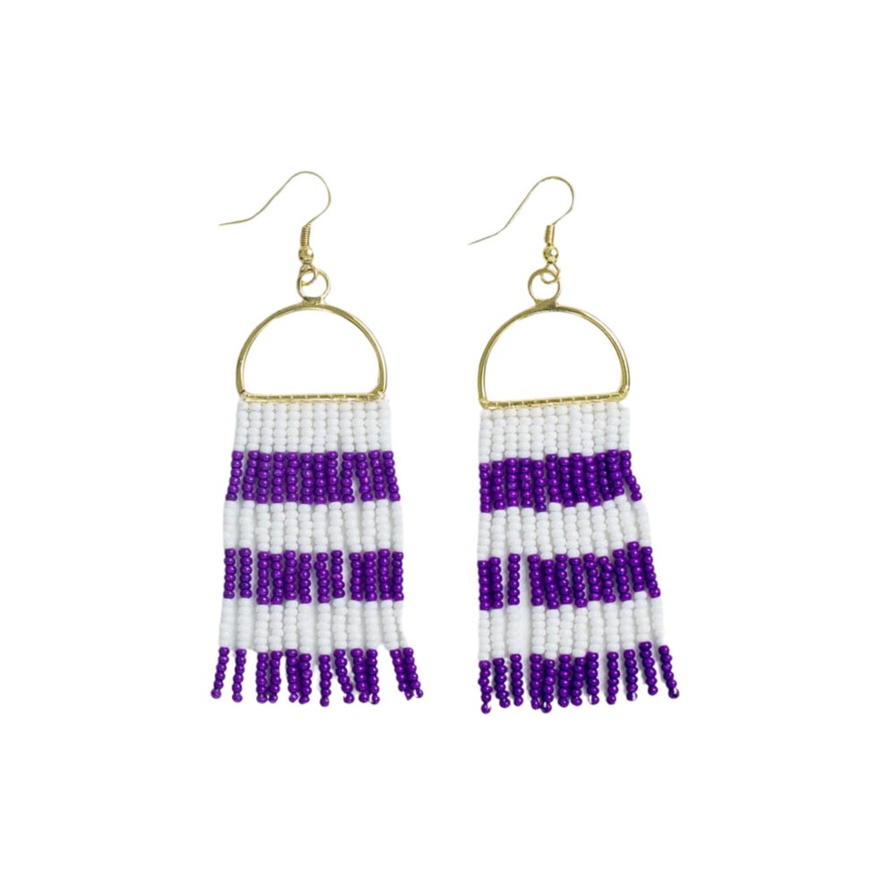 INK+ALLOY Game Day Earrings for Women, Beaded Fringe Earrings for Sports Fans, Handmade Jewelry for College Students, Alumni, Teachers, Team Gifts (Royal Purple & White)