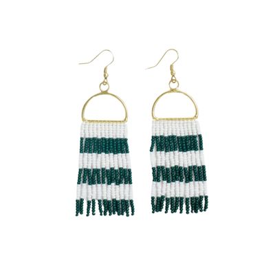 INK+ALLOY Game Day Earrings for Women, Beaded Fringe Earrings for Sports Fans, Handmade Jewelry for College Students, Alumni, Teachers, Team Gifts (Dark Green & White)