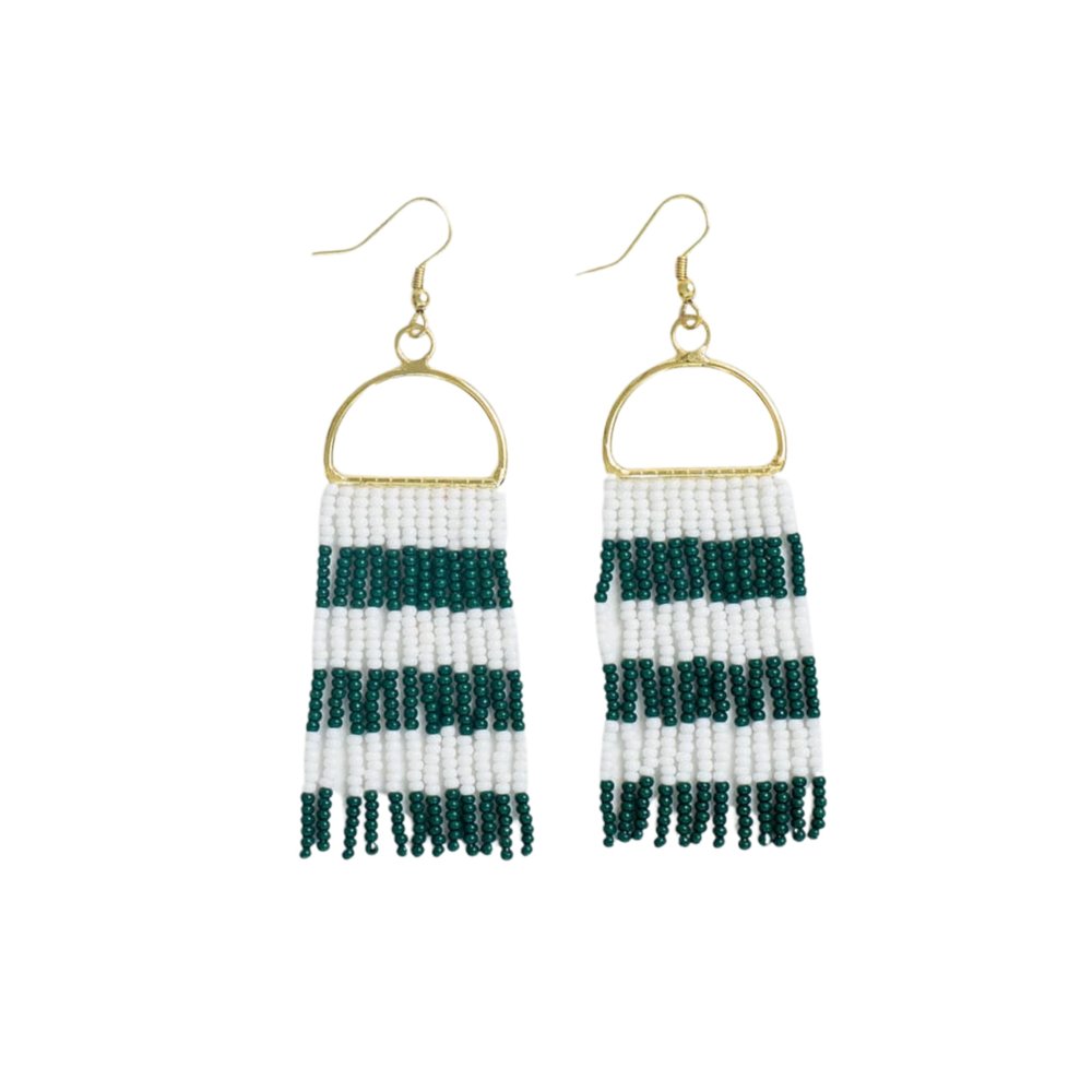 INK+ALLOY Game Day Earrings for Women, Beaded Fringe Earrings for Sports Fans, Handmade Jewelry for College Students, Alumni, Teachers, Team Gifts (Dark Green & White)