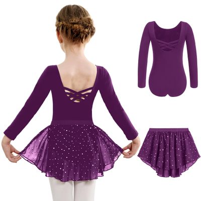 Arshiner Girls Ballet Leotards with Chiffon Dance Skirt Long Sleeve Crisscross Back Toddler Dance Outfit Combo Deep Purple