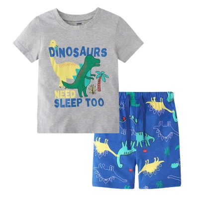 AMIMOJY Boys Summer Clothes Baby Cotton Outfit Set Dinosaur Cartoon Prints Shirt Short Sleeve Tops Casual Pants Child 2Pcs, 3-4T