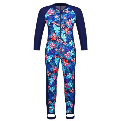 TFJH E Long Sleeve Girls Swimsuits 1pcs Rash Guard Swimsuits UV 50+ Beachwear Footed 462 Navy Flower 104/110