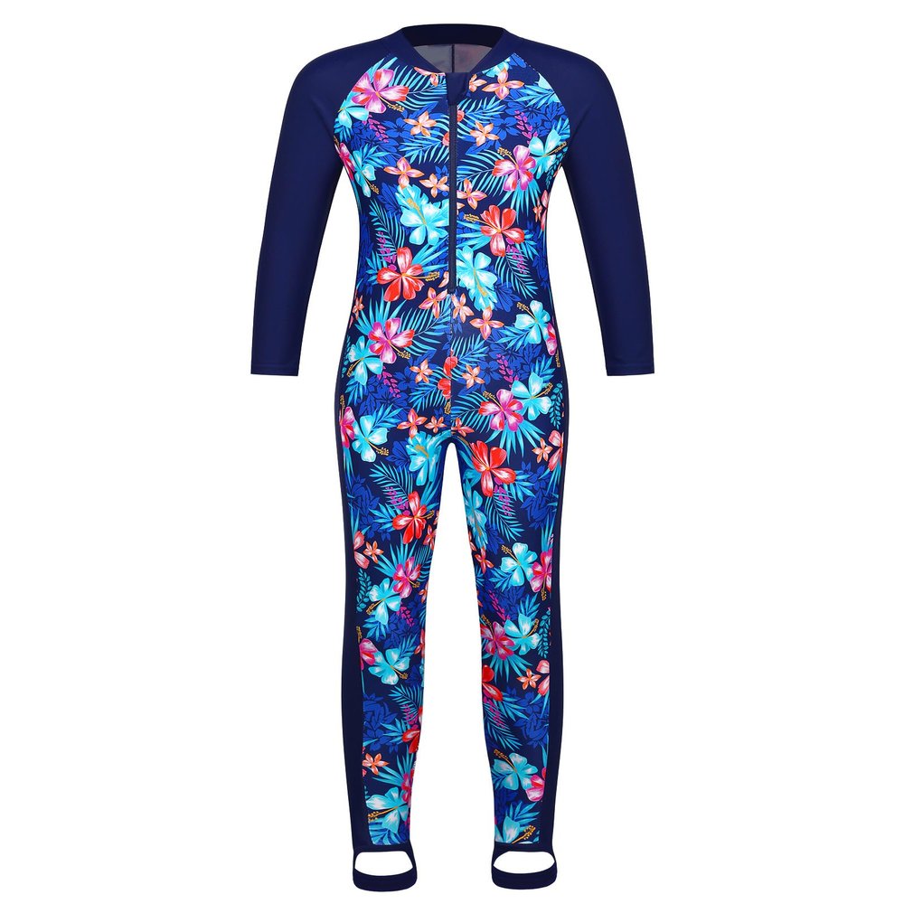TFJH E Long Sleeve Girls Swimsuits 1pcs Rash Guard Swimsuits UV 50+ Beachwear Footed 462 Navy Flower 104/110