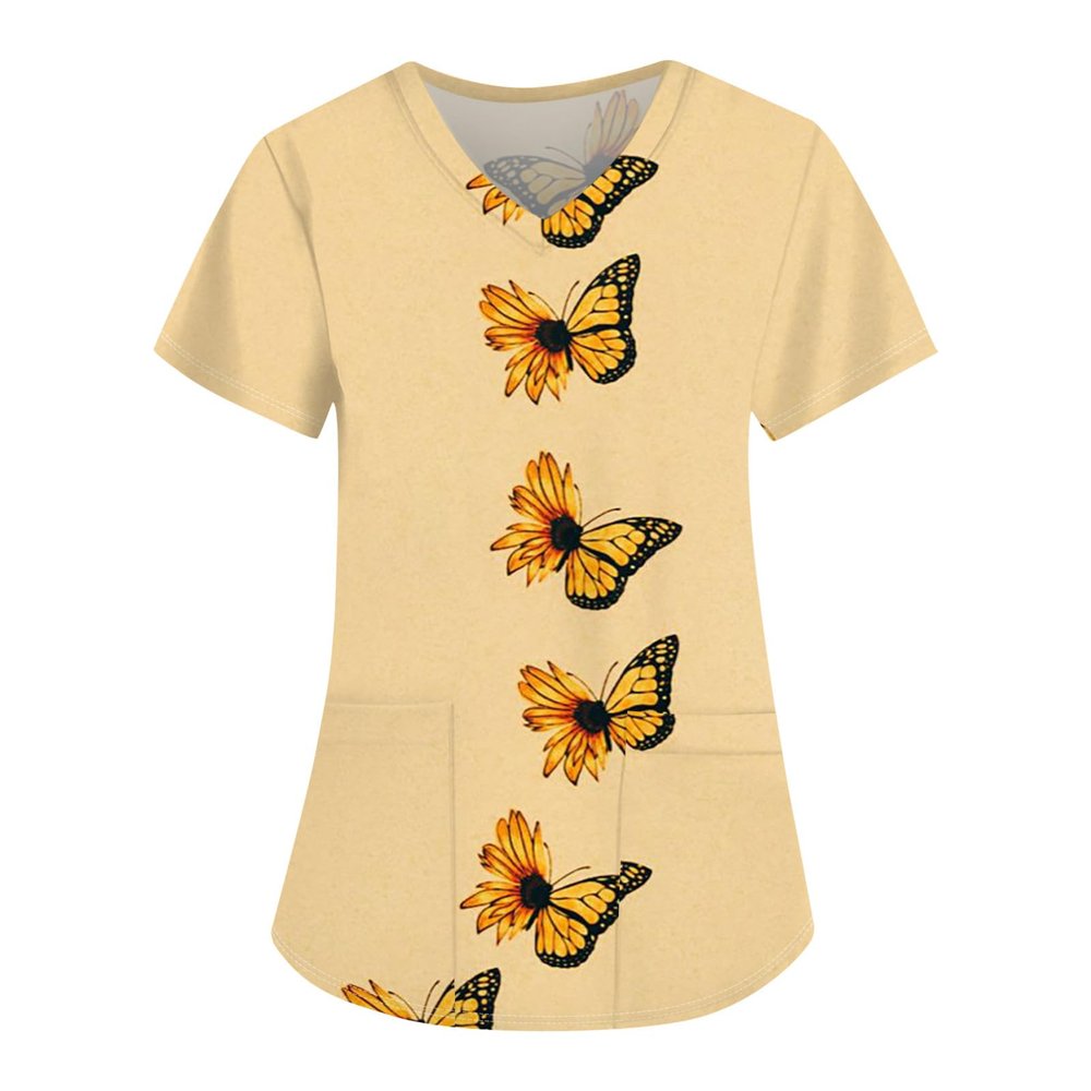 SGASY Date Night Cool Short Sleeve Top Womans Summer Tunic Pocket Scrubs Lady Thin Slim Fit Sunflower V Neck Scrub Orange 3XL