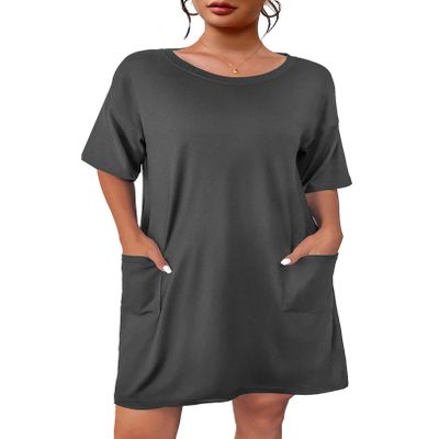 Ekouaer Sleep Shirts for Women Nightgown Short Sleeves T shirt Night Dress Round Neck Womans Nightgown with Pocket Grey L
