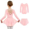 Arshiner Girls Ballet Leotards with Chiffon Dance Skirt Long Sleeve Crisscross Back Toddler Dance Outfit Combo Pink