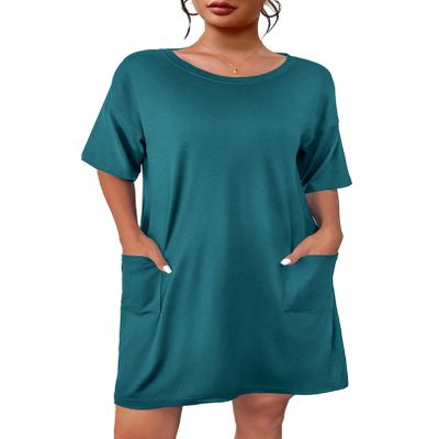Ekouaer Sleep Shirts for Women Nightgown Short Sleeves T shirt Night Dress Round Neck Womans Nightgown with Pocket Blue Green M