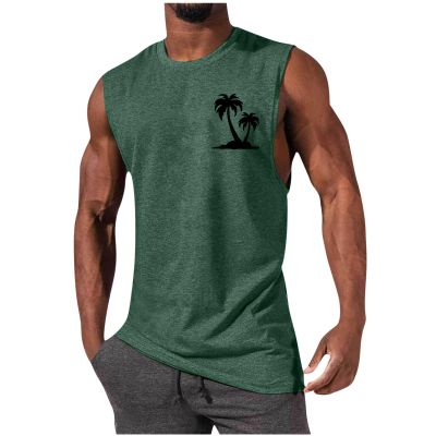 Generic Men's Workout Tank Tops Gym Cut Off Sleeveless T Shirt Bodybuilding Fitness Muscle Athletic Tank Top Palm Tree Shirts Tee, 3X-Large
