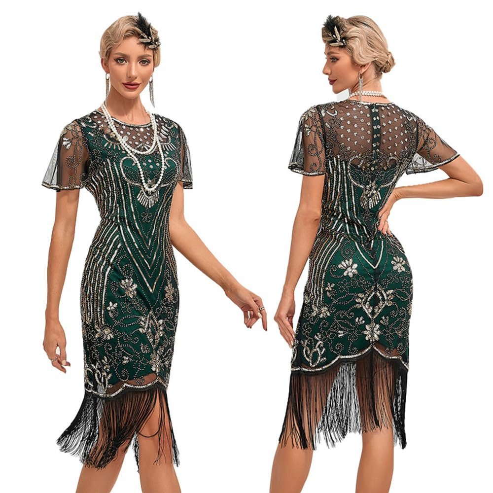 20s Flapper Dresses for Women Green Sequin Flapper Dresses 1920s Gatsby Dress 1920s Fringe Flapper Dress with Sleeves Roaring 20s Dresses Green + Gold Medium