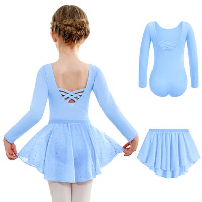 Arshiner Girls Ballet Leotards with Chiffon Dance Skirt Long Sleeve Crisscross Back Toddler Dance Outfit Combo