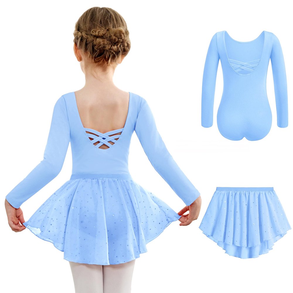 Arshiner Girls Ballet Leotards with Chiffon Dance Skirt Long Sleeve Crisscross Back Toddler Dance Outfit Combo