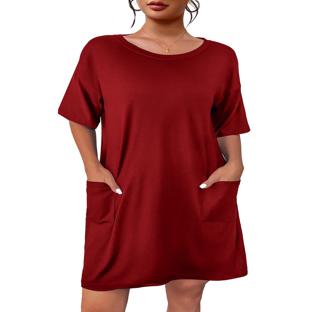 Ekouaer Sleep Shirts for Women Nightgown Short Sleeves T shirt Night Dress Round Neck Womans Nightgown with Pocket Wine Red S