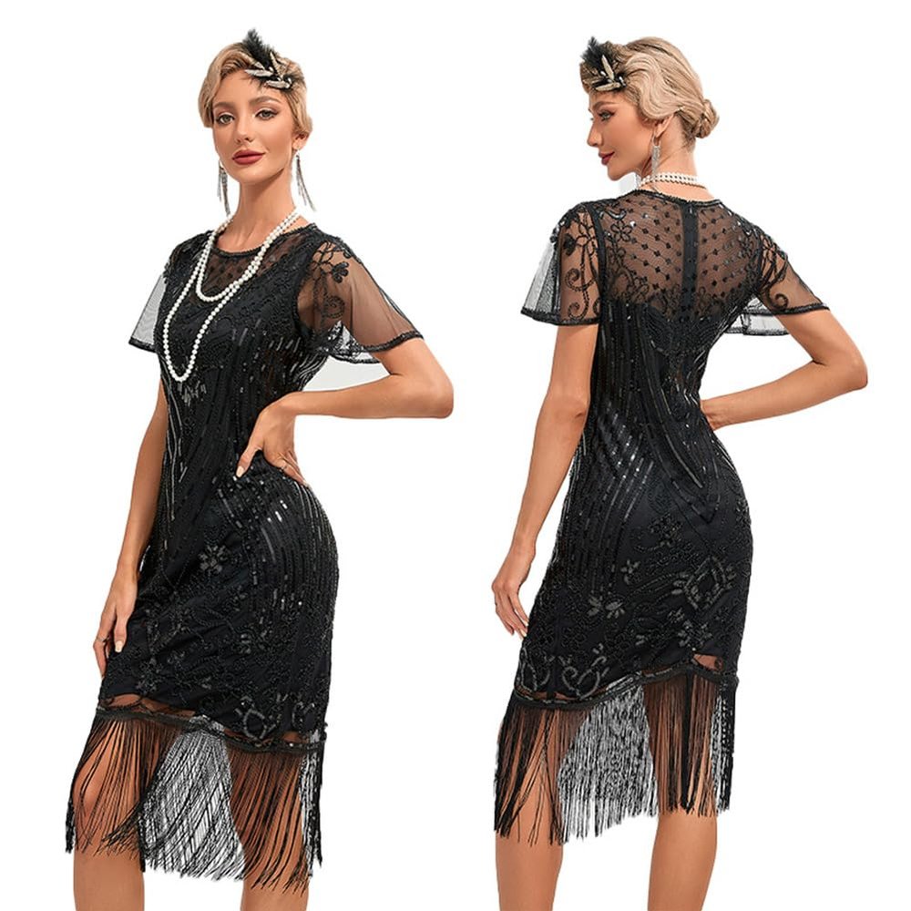 1920 Style Dresses for Women Black Flapper Dresses 1920s Gatsby Dress Sequin Fringe Flapper Dress with Sleeves 20s Style Cocktail Dress Roaring 20s Dresses Black 3X-Large