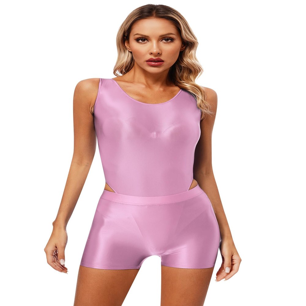 YiZYiF Women's Oily Glossy Crew Neck One Piece Swimsuit Short Sleeve Leotard Workout Swimwear Shorts Pink A X-Large