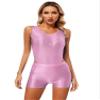 YiZYiF Women's Oily Glossy Crew Neck One Piece Swimsuit Short Sleeve Leotard Workout Swimwear Shorts Pink A X-Large view 1