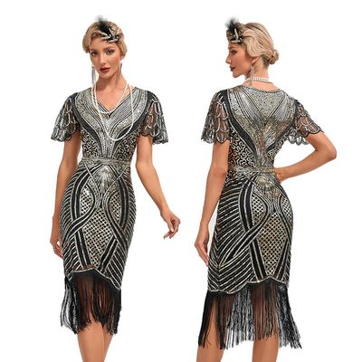 20s Flapper Dresses for Women Gold Sequin Flapper Dresses 1920s Gatsby Dress 1920s Fringe Flapper Dress with Sleeves Roaring 20s Dresses Gold + Black X-Large