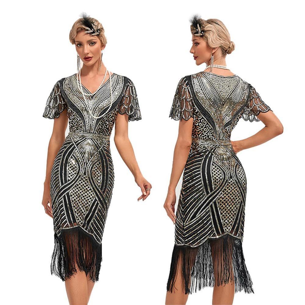 20s Flapper Dresses for Women Gold Sequin Flapper Dresses 1920s Gatsby Dress 1920s Fringe Flapper Dress with Sleeves Roaring 20s Dresses Gold + Black X-Large