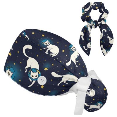 NineFit Basics Space Galaxy Cats Stars Scrub Hats Women with Buttons Adjustable Nurse Caps for Women with Scrunchie