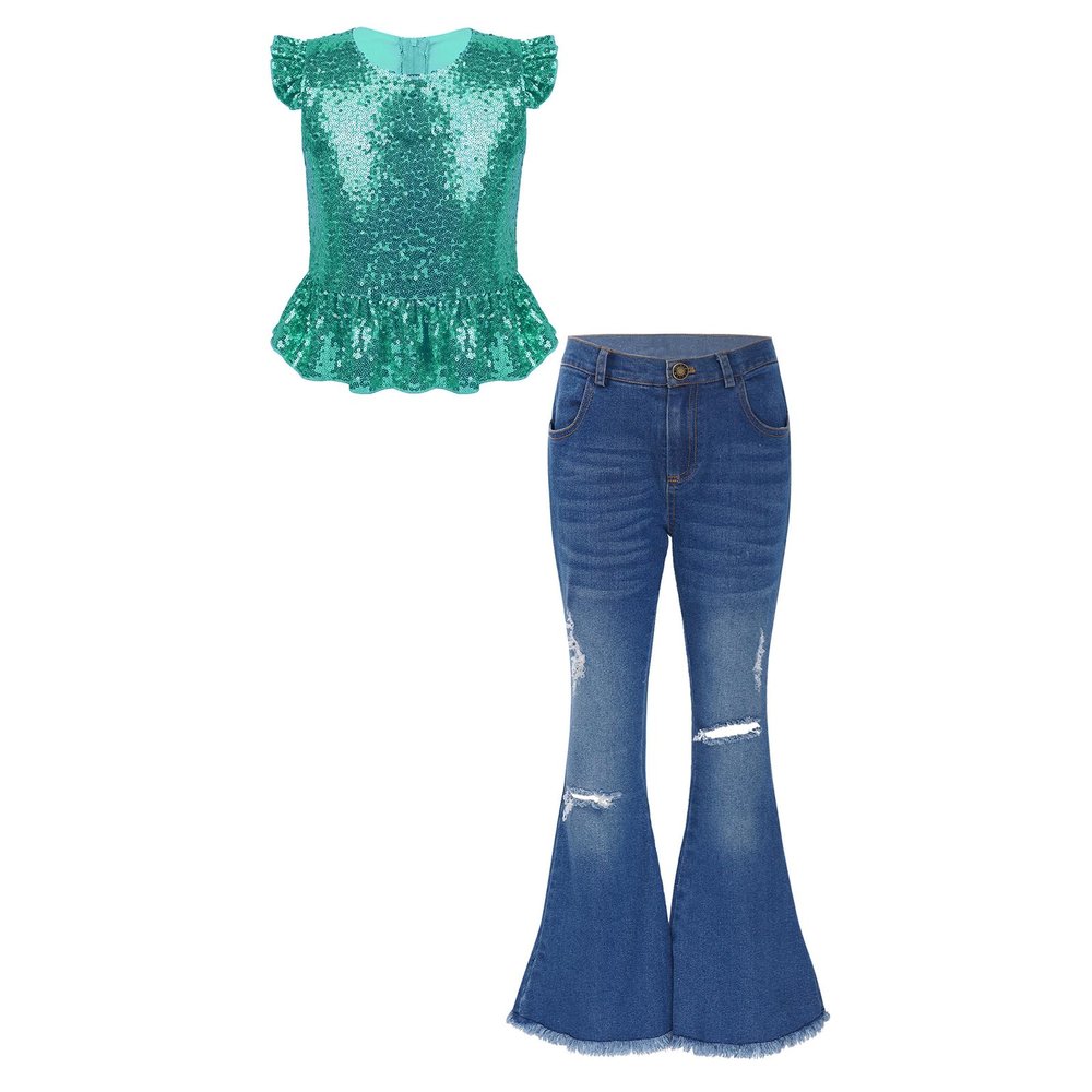 Freebily Girls 2PC Fashion Outfits Sequins Flutter Sleeve Dance Top with Flare Leg Jeans Pants Summer Clothing Set Lake Green 4 Years