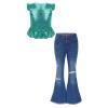 Freebily Girls 2PC Fashion Outfits Sequins Flutter Sleeve Dance Top with Flare Leg Jeans Pants Summer Clothing Set Lake Green 4 Years view 1