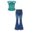 Freebily Girls 2PC Fashion Outfits Sequins Flutter Sleeve Dance Top with Flare Leg Jeans Pants Summer Clothing Set Lake Green 4 Years view 2