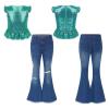 Freebily Girls 2PC Fashion Outfits Sequins Flutter Sleeve Dance Top with Flare Leg Jeans Pants Summer Clothing Set Lake Green 4 Years view 3