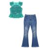 Freebily Girls 2PC Fashion Outfits Sequins Flutter Sleeve Dance Top with Flare Leg Jeans Pants Summer Clothing Set Lake Green 4 Years view 4