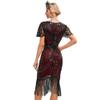1920 Style Dresses for Women Red Flapper Dresses 1920s Gatsby Dress Sequin Fringe Flapper Dress with Sleeves 20s Style Cocktail Dress Roaring 20s Dresses Wine Red + Black 3X-Large view 3