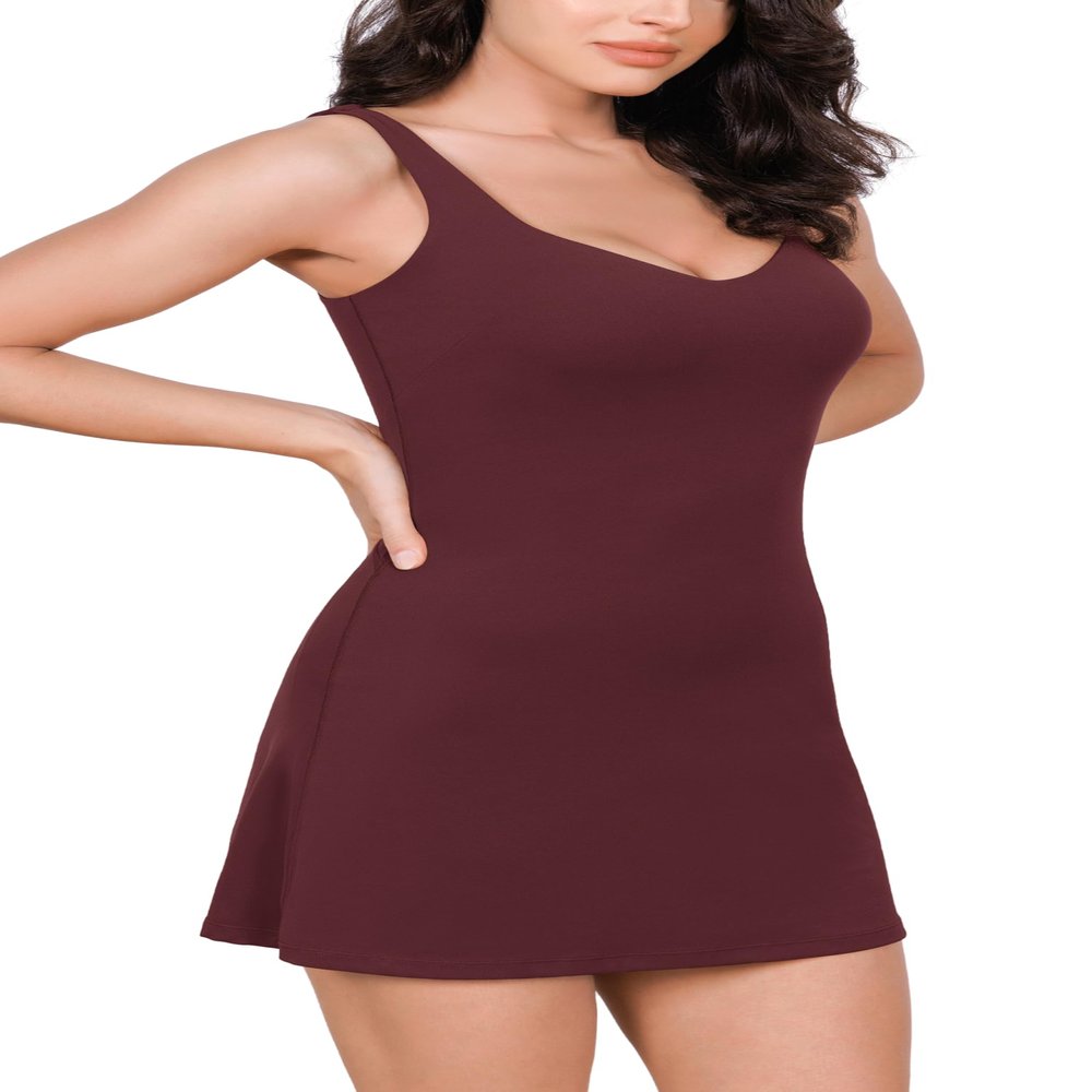 ODODOS Women's Cloud Feeling Tank Dress with Separate Shorts and Built in Bra U Back Mini Tennis Dress, Burgundy, X-Small