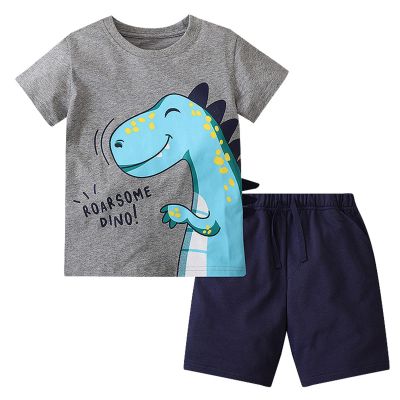 AMIMOJY Boys Summer Clothes Baby Cotton Outfit Set Dinosaur Cartoon Prints Shirt Short Sleeve Tops Casual Pants Child 2Pcs, 3-4T, C-grey1