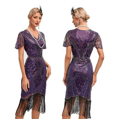 1920s Flapper Dress for Women Purple Flapper Dresses 1920s Gatsby Sequin Fringe Dresses Roaring 20s Cocktail Party Vintage Sequin Flapper Dresses Purple XX-Large