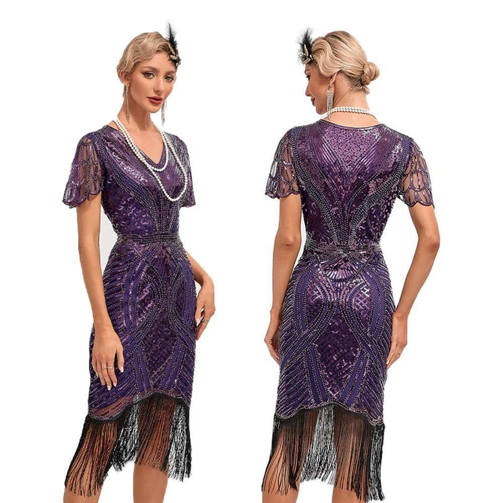 1920s Flapper Dress for Women Purple Flapper Dresses 1920s Gatsby Sequin Fringe Dresses Roaring 20s Cocktail Party Vintage Sequin Flapper Dresses Purple XX-Large