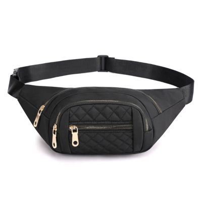 Black Watertight Women's Fanny Pack with Smoothing Zippered for Outdoor Sports and Travel