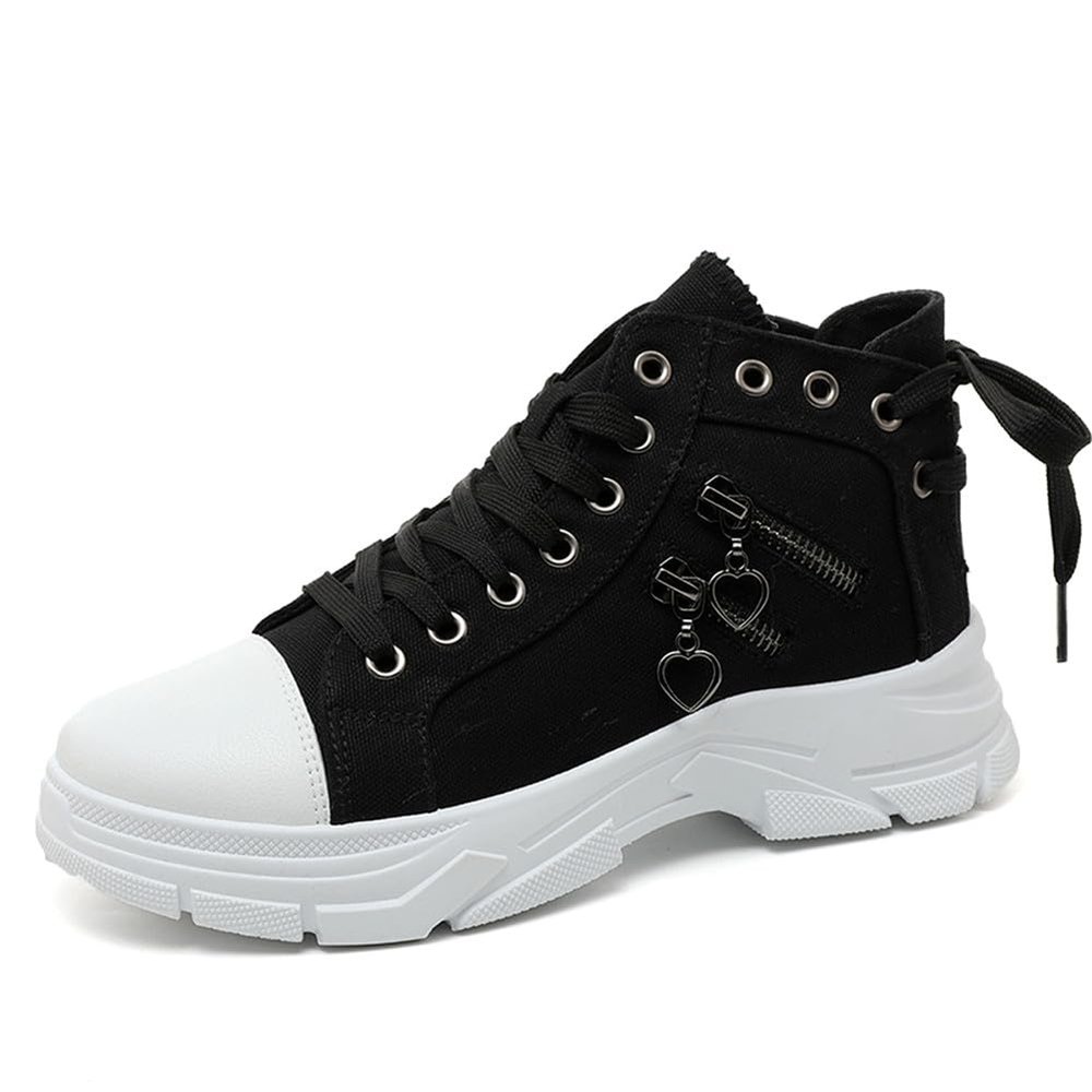 MAUGELY Women's High Top Heightened Sole Sports Causal Fashion Sneakers Canvas Shoes Black 5.5 US
