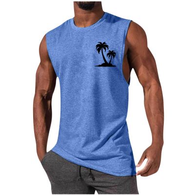 NineFit Basics Men's Workout Tank Tops Gym Cut Off Sleeveless T Shirt Bodybuilding Fitness Muscle Athletic Tank Top Palm Tree Shirts Tee, XX-Large, 03-light Blue