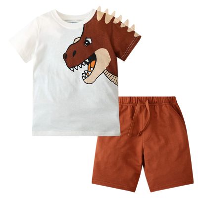 AMIMOJY Boys Summer Clothes Baby Cotton Outfit Set Dinosaur Cartoon Prints Shirt Short Sleeve Tops Casual Pants Child 2Pcs, 4-5T, D-brown