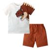AMIMOJY Boys Summer Clothes Baby Cotton Outfit Set Dinosaur Cartoon Prints Shirt Short Sleeve Tops Casual Pants Child 2Pcs, 4-5T, D-brown view 1