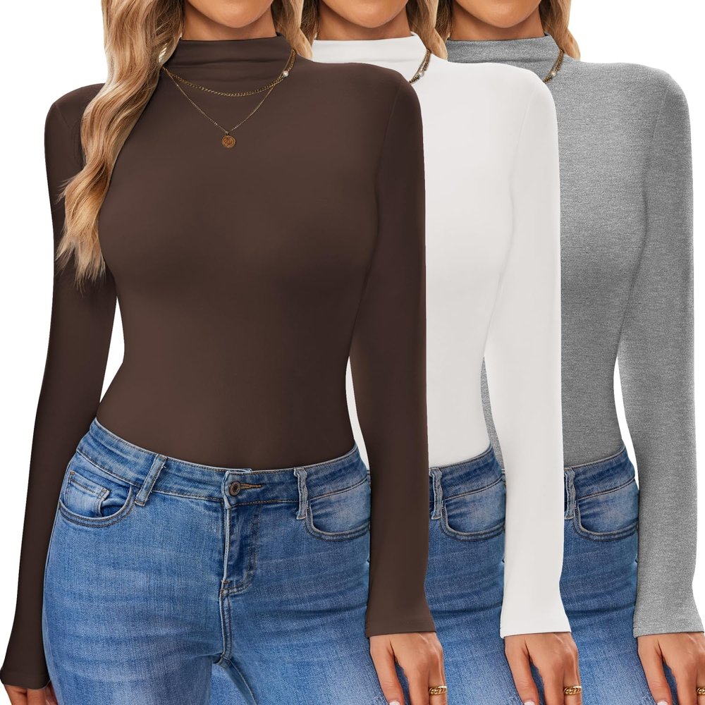 Ekouaer 3 Pack Turtleneck Shirt Women Long Sleeve Mock Neck Thermal Base Layer Slim Fit Soft Stretch Undershirts Tops Brown/Light Gray/White L