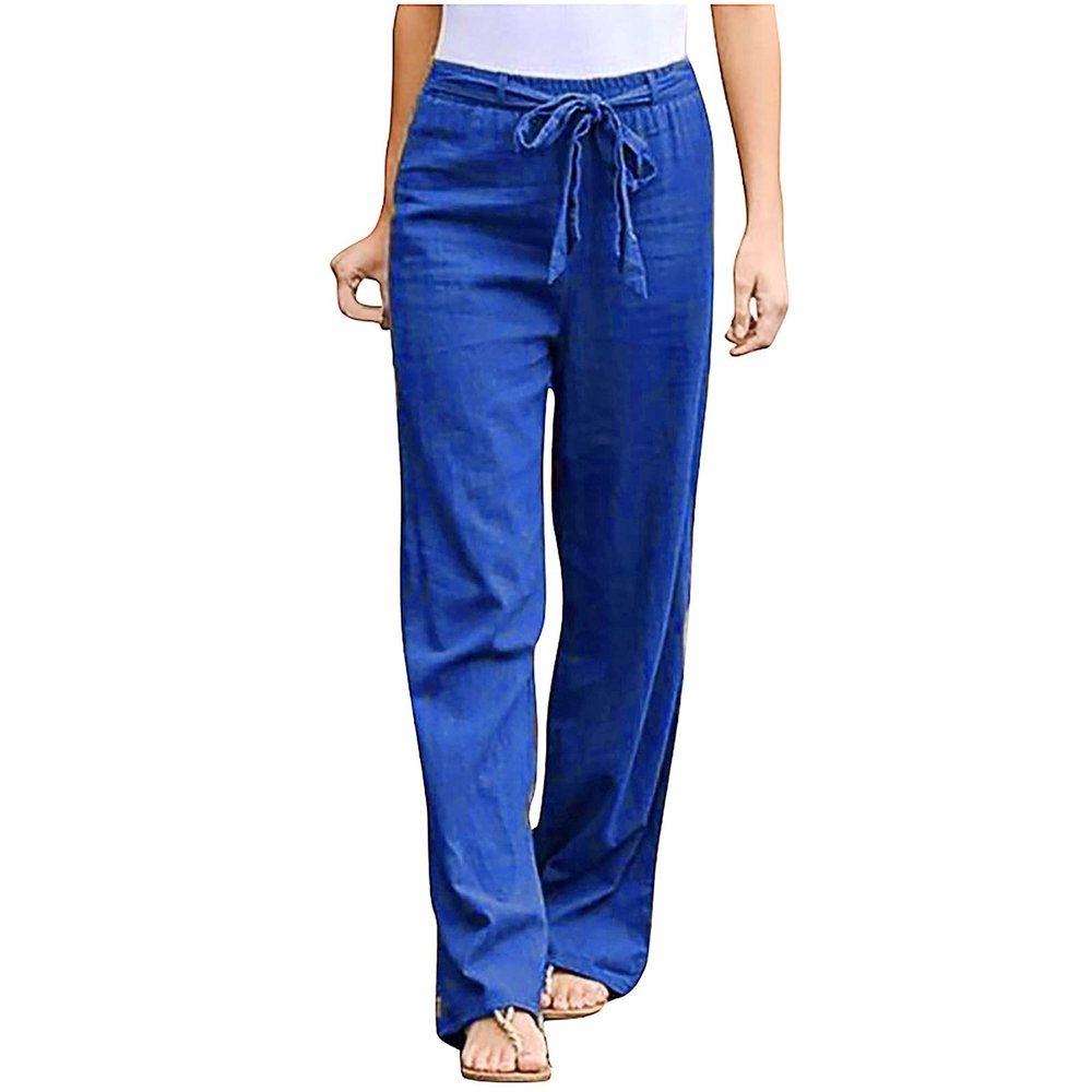 Generic Peime Linen Summer Pants Women Straight Leg Trousers Bow Tie Pants High Waisted Summer Pants Elastic Waist Lounge Pants Blue, XX-Large