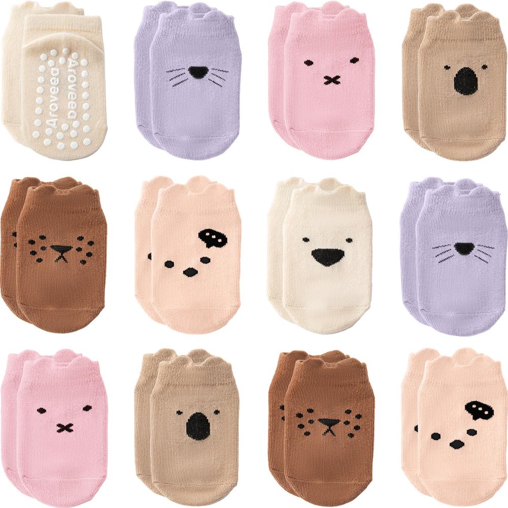 Aroveea Baby Toddler Socks Grip Non Slip Boys Girls Cotton 12 Pack for 3-5T Kids Ankle Cute Socks 6M-7Years