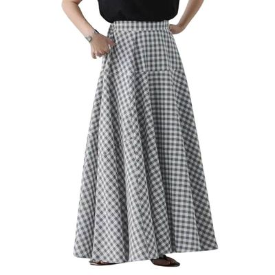 chouyatou Women's Retro Plaid A Line Midi Skirt Gingham High Elastic Waisted Pleated Swing Long Skirt (X-Small, Light Gray)