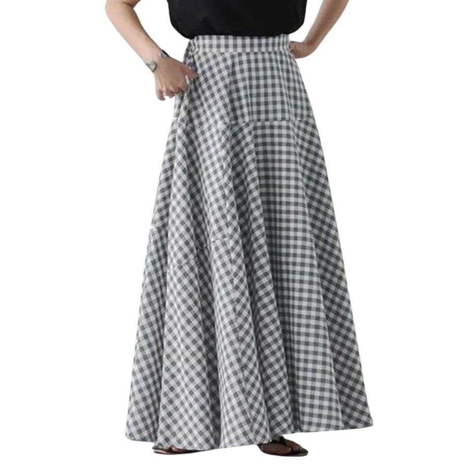 chouyatou Women's Retro Plaid A Line Midi Skirt Gingham High Elastic Waisted Pleated Swing Long Skirt (X-Small, Light Gray)