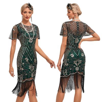 20s Flapper Dresses for Women Green Sequin Flapper Dresses 1920s Gatsby Dress 1920s Fringe Flapper Dress with Sleeves Roaring 20s Dresses Green + Gold Small