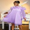 AOMEI Women Sweet Cold Shoulder Ruffle Loose Chiffon Babydoll Dress Spaghetti Strap Long Sleeve Flowy Mesh Short Dresses (Purple,X-Large) view 2
