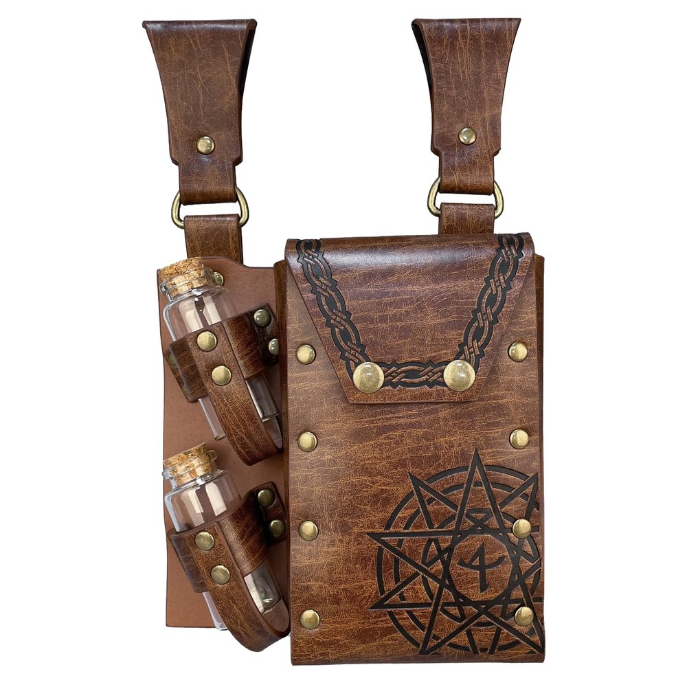 HiiFeuer Medieval Alchemy Faux Leather Belt Bag with 2 Cork Potion Vials, Fantasy Wizard Waist Pouch Side Pack for Ren Faire (Light Brown B)
