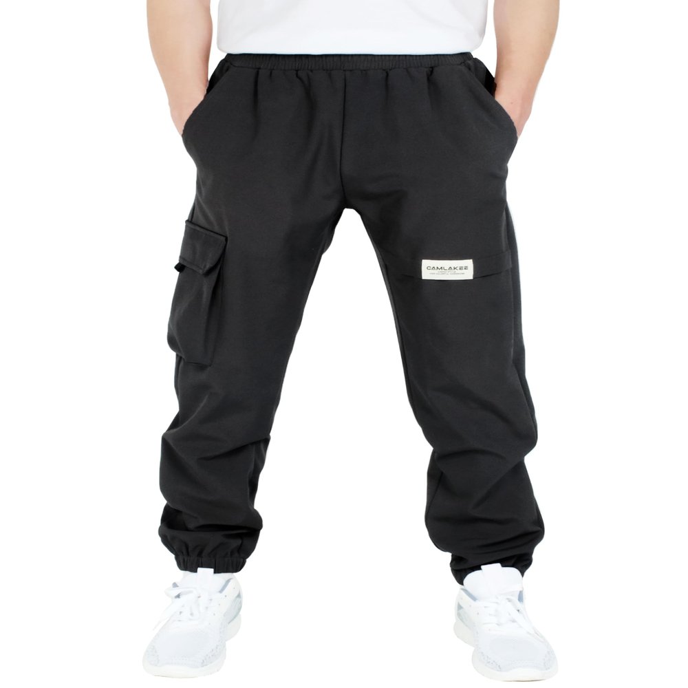 CAMLAKEE Boys' Cargo Joggers Pants Kids Elastic Waist Water Resistant Youth Outdoor Hiking Pants Black 6-7 Years Size 130