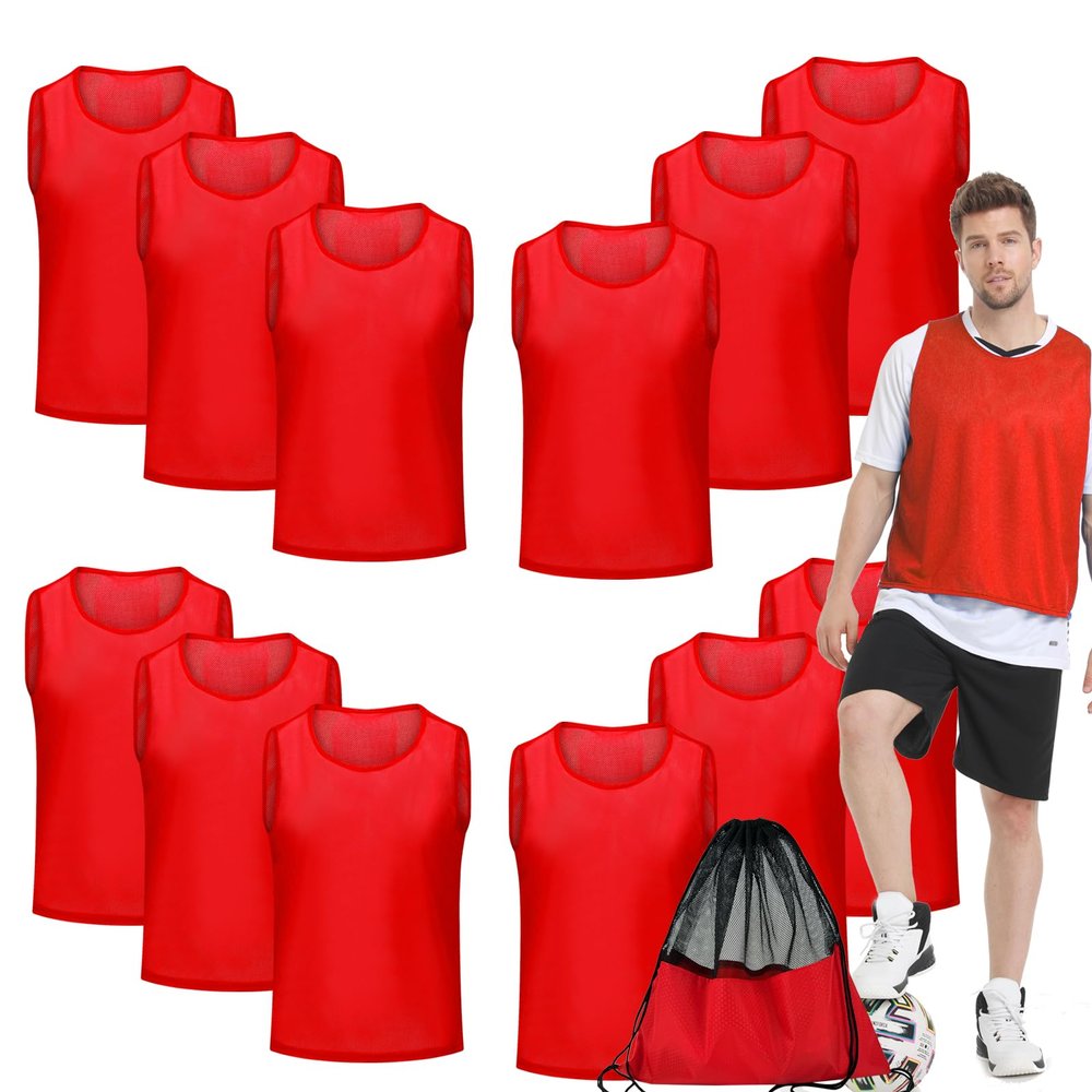 Antoyo Soccer Pinnies Youth with Numbers Scrimmage Team Pinnies Practice Vests Pinnies Jerseys for Basketball Soccer Football Bibs for Youth Adult, Medium(For Kids), Red-12