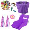 Aurelema Doll Bike Seat with 30 Pcs Stickers Decals Bicycle Basket for Kids Handlebar Streamers Colorful Ribbons Tassel Daisy Bike Bell for Girls Boys Bicycle Accessories Christmas Kids Gift(Purple) view 1