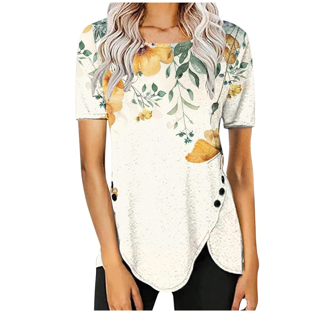 FOCLMP Women 2024 Floral Tops Blouses Short Sleeve Summer Shirt Trendy Fitted Tunic Blouse Dressy Causal Ladies Clothing Fishing Shirts Khaki L